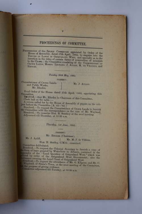Report of the Select Committee on Griqualand West Land Tenure