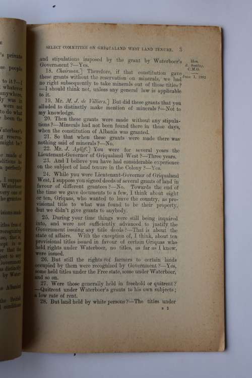 Report of the Select Committee on Griqualand West Land Tenure