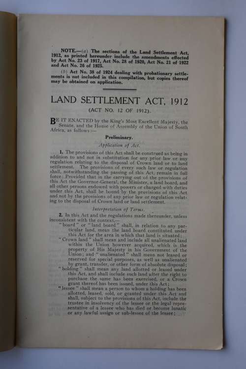 Union of South Africa Land Settlement Act 1912