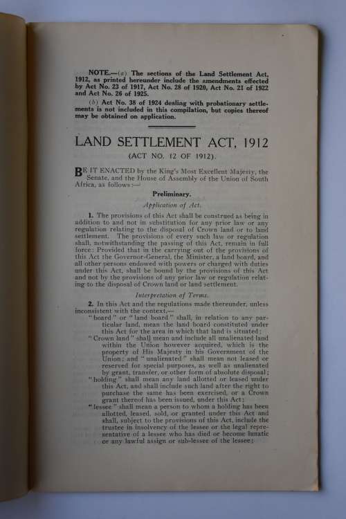 Union of South Africa Land Settlement Act 1912