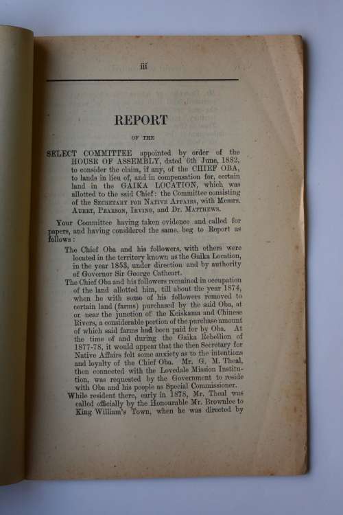 Report of the Select Committee on the Claim of Chief Oba.