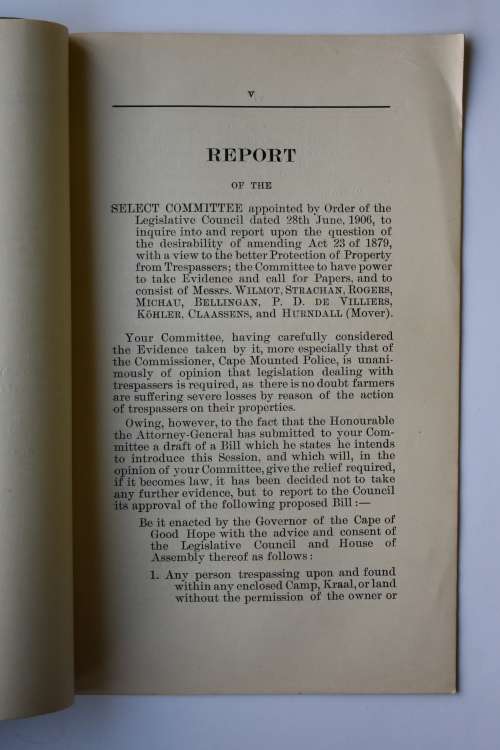 Report of the Select Committee on the Trespass Act.