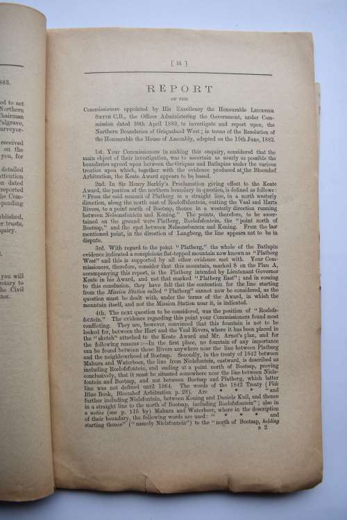Report of the Northern Boundary of Griqualand West with Minutes etc.