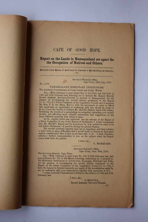 Report on the Lands in Namaqualand set apart for the Occupation of Natives and the Others etc
