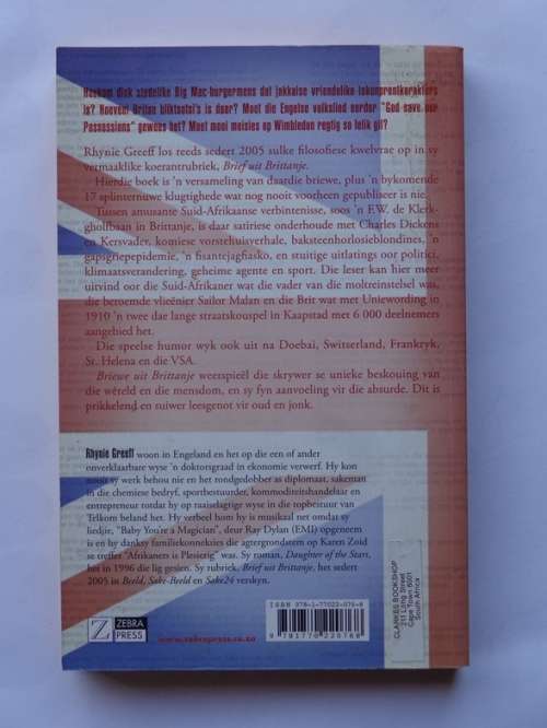 Rhynie Greeff: Briewe uit Brittanje 2005-2009. Zebra Press, 2009.