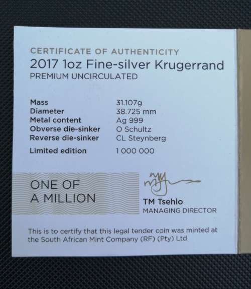 2017 with COA to 2022. All 6 years Silver Krugers / 3 sets Available