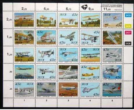 RSA - FINE SHEET OF 25 UM STAMPS - AVIATION IN SA