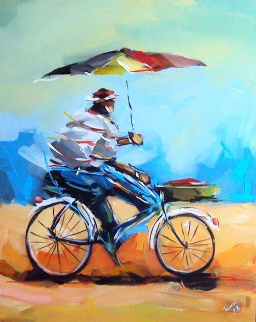 "OUT IN THE MID-DAY SUN" - TAURAI BANDA ORIGINAL- OIL & ACRYLICS ON STRETCHED CANVAS   (800 x 640)