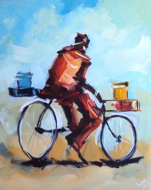 "SOLITARY CYCLIST" - OIL & ACRYLICS ON STRETCHED CANVAS   (800 x 640)