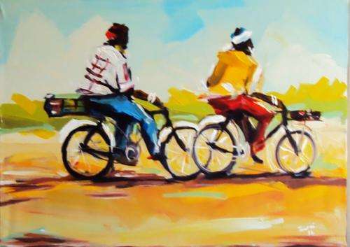 "RURAL CYCLISTS - MPUMALANGA" - OIL & ACRYLICS ON STRETCHED CANVAS (815 x 605)