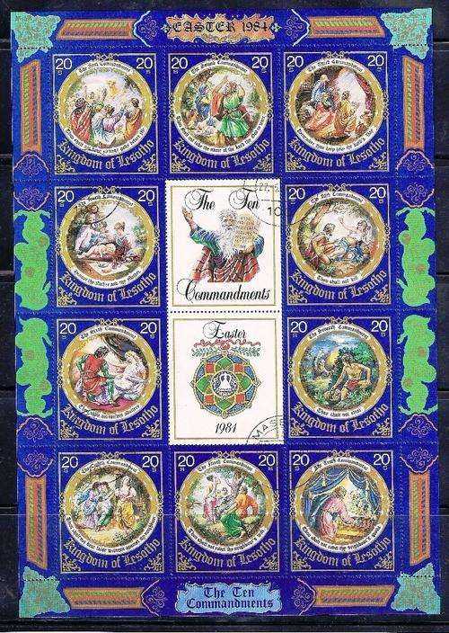 THEMATICS (RELIGION) - THE 10 COMMANDMENTS - MAGNIFICENT M/SHEET OF CTO STAMPS - LESOTHO EASTER 1984