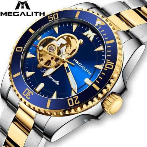 New MEGALITH Automatic wristwatch Mechanical Movement Luxury Business Watch Black Display