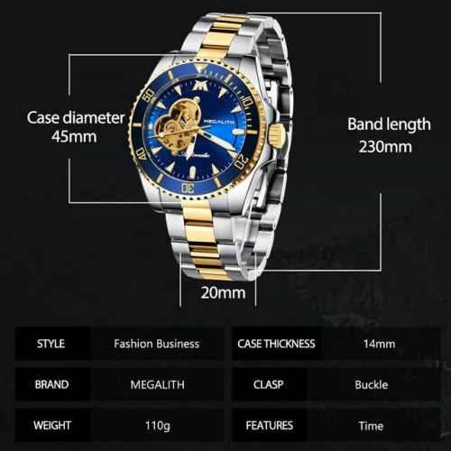 New MEGALITH Automatic wristwatch Mechanical Movement Luxury Business Watch Black Display