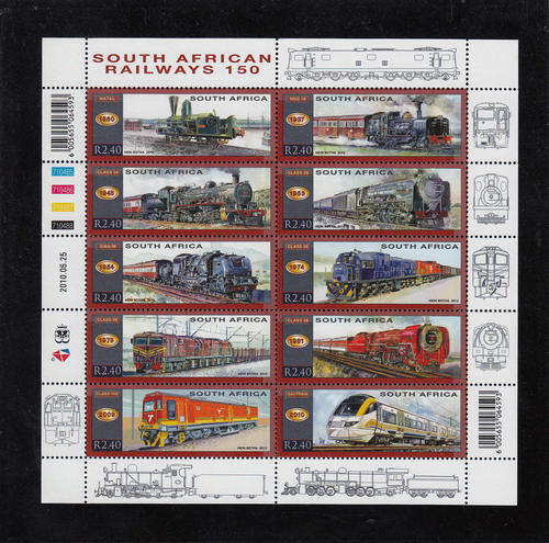 RSA: 25.6.2010: SOUTH AFRICAN RAILWAYS 150 - U/MINT SHEETLET OF 10 STAMPS