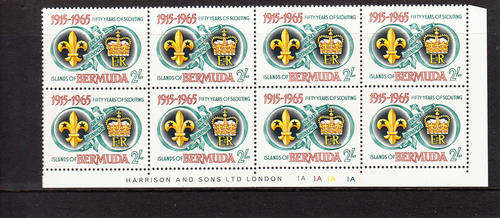 BERMUDA: 1965 SCOUTS 2/-  IN CYL. & IMPRINT BLOCK OF 8. FINE U/MINT. SG 186