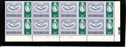 BERMUDA: 1965 INTER. CO-OPERATION YEAR SET OF 2  IN CYL & IMPRINT BLOCKS OF 8. FINE U/MINT. SG 187-8
