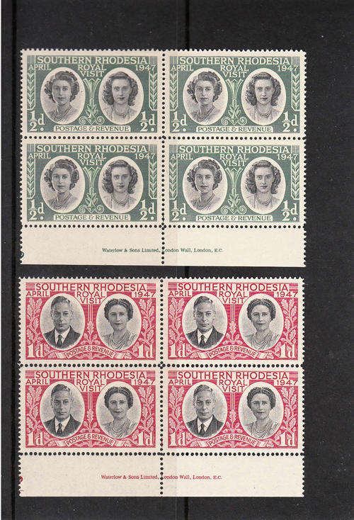 SOUTHERN RHODESIA SG 62-63: 1947 ROYAL VISIT IMPRINT BLOCKS OF 4. SET OF 2 , U/MINT (**)