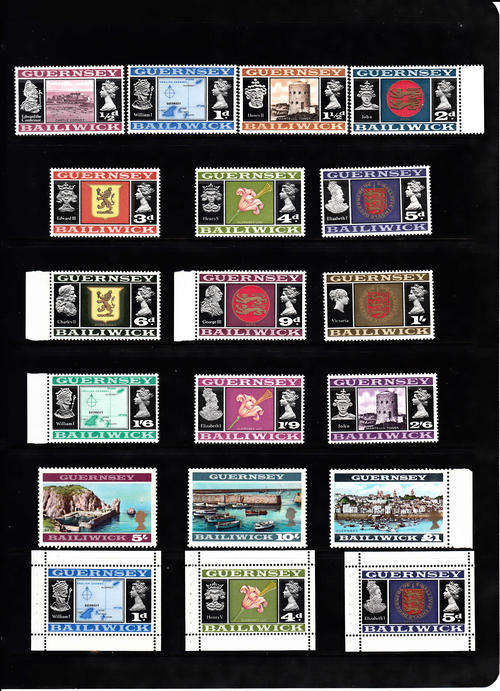 GUERNSEY SG13-28 + 14c,18a &19a: 1969 DEF. SET OF 16 INCL. SCARCE 10/- + BOOKLET STAMPS. U/MINT (**)