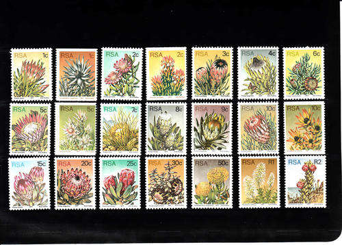 RSA  SACC 418-438: 27.5.1977 - 3RD DEFINITIVE ISSUE (PROTEAS) ORIGINAL SET OF 21 STAMPS.U/MINT (**)