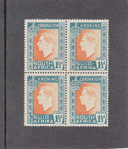 SA: SACC 72: 12.5.1937 - 'MOUSE'  VARIETY. GEORGE VI CORONATION 1,5d BLOCK OF 4. MOUNTED MINT (*)