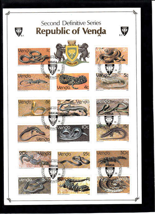 VENDA SACC 121-137 - 16.1.1986 - FIRST DAY FOLDER 2.1 - REPTILES DEFINITIVE ISSUE OF 17 VALUES