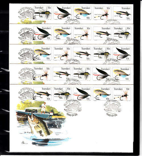 TRANSKEI: 6.1.1982 - FDC 1.25 - FISHING FLIES (3RD SERIES) - SET OF 5 ENVELOPES