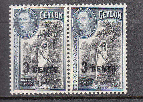CEYLON SG399: 5.11.1940 - GEORGE VI SURCHARGE PAIR 3c ON 20c. FINE U/MINT (**)