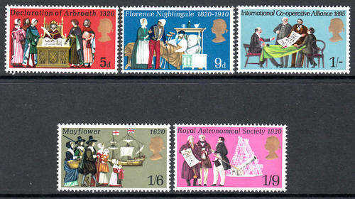 GB SG 819-823: 1.4.1970: ANNIVERSARIES OF VARIOUS EVENTS SET OF 5. U/MINT (**)