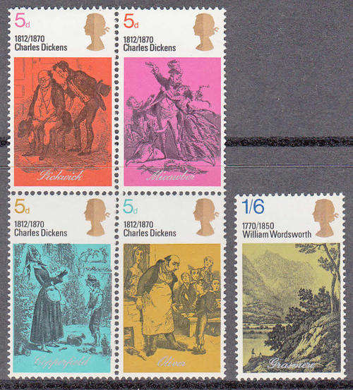 GB SG 824-828: 3.6.1970: VARIOUS LITERARY ANNIVERSARIES SET OF 5. U/MINT (**)