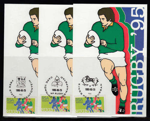 RSA 25.5.1995: RUGBY WORLDCUP 1995 SET OF 9 POSTCARDS. CANCELLED AT 9 DIFFERENT VENUES. SEE SCANS