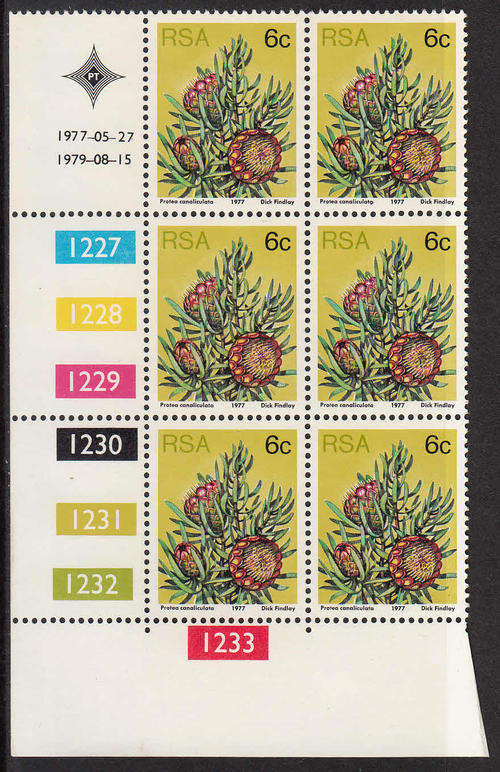RSA: 3RD DEFIN (PROTEAS) - 6c PANE Y (SEE BELOW) DATED 15/8/1979. PERFS AS PER IMAGE. U/MINT (**)