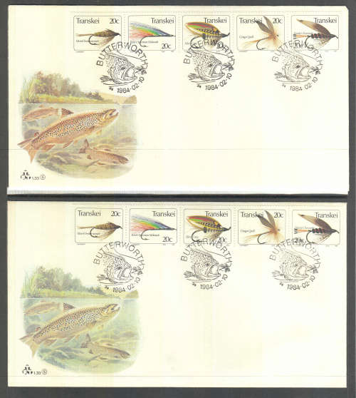 TRANSKEI: SACC 133-137: 10.2.1984: FDC 1.33: FISHING FLIES (5TH ISSUE). 2 COVERS WITH VARIETY.