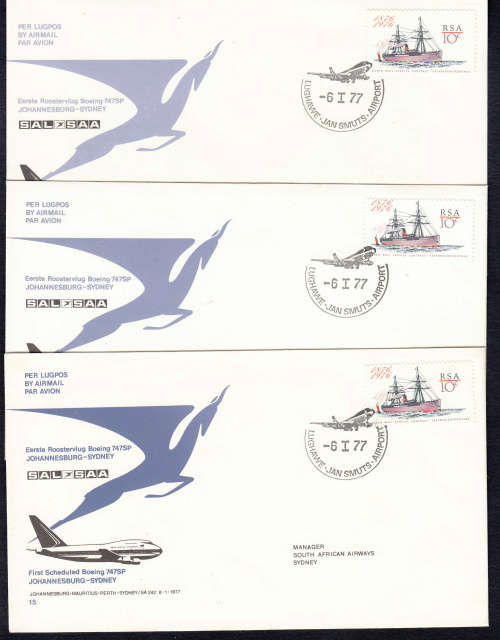 RSA: SAA COVER NO 15 DATED 6.1.1977: IOHANNESBURG/SYDNEY. 3 COVERS WITH VARIETIES
