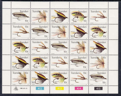 TRANSKEI SACC 83-87: 15.1.1981: FISHING FLIES (2ND ISSUE) FULL SHEET OF 25. U/MINT (**)
