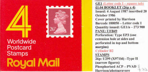 GB: SG GE1 WITH LETTER CODES I + J: 1 POUND 4p`WINDOW` BOOKLETS. - SEE DESCRIPTION BELOW. CV R880.