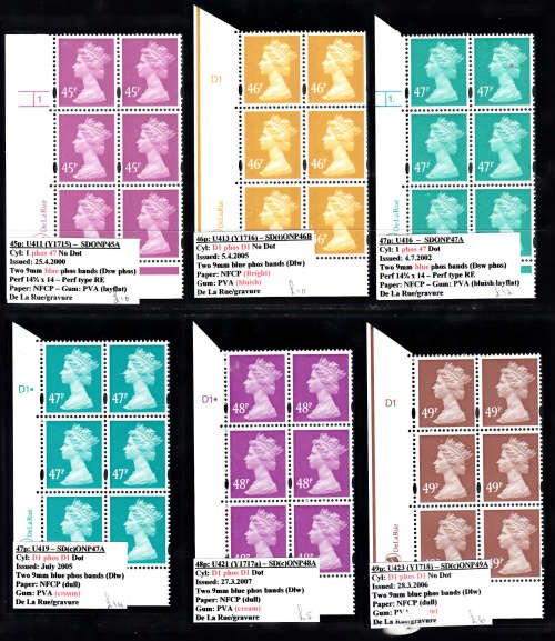 GB:  SELECTION (1) OF 6 MACHIN DEFINITIVE CYLINDER/PLATE BLOCKS. U/MINT(**) GOOD VALUE