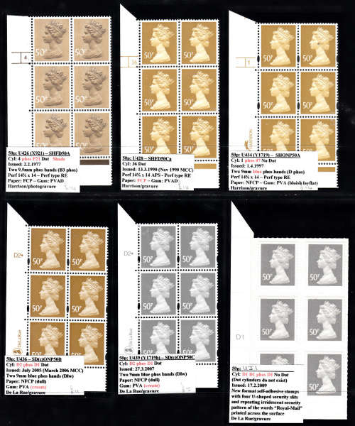 GB:  SELECTION (2) OF 6 MACHIN DEFINITIVE CYLINDER/PLATE BLOCKS. U/MINT(**) GOOD VALUE