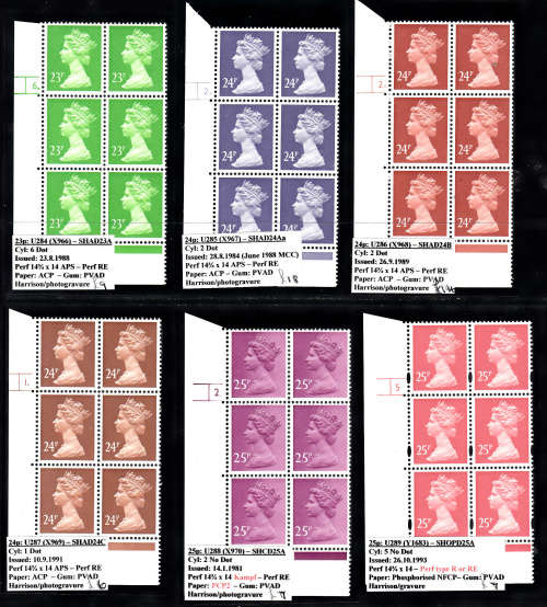 GB:  SELECTION (1) OF 6 MACHIN DEFINITIVE CYLINDER/PLATE BLOCKS. U/MINT(**) GOOD VALUE