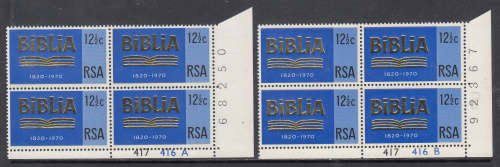 RSA SACC 306-307: 24.8.1970: 150TH ANNIV OF BIBLE SOCIETY SET OF 6 CONTROLS.. U/MINT(**) CV  R168
