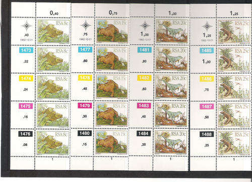 RSA: 1.12.1982 - PREHISTORIC ANIMALS - U/MINT SET OF 4 CONTROL STRIPS OF 5