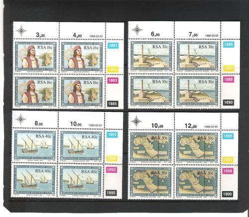 RSA: 3.2.1988 - BARTOLOMEU DIAS ANNIVERSARY - U/MINT SET OF 4  CONTROL BLOCKS OF 4