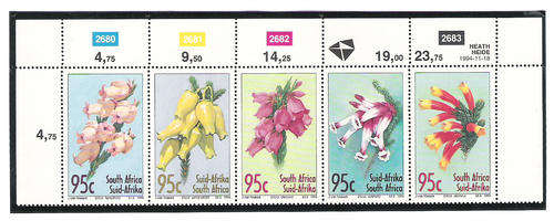 RSA:18.11.1994 - HEATHERS - U/MINT CONTROL STRIP OF 5 STAMPS