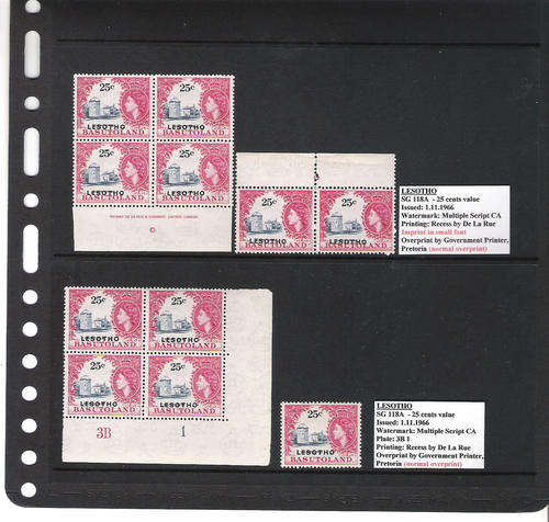 BASUTOLAND/LESOTHO 1966 OVERPRINTS:25 CENTS PLATE/IMPRINT BLOCKS PLUS VARIETIES AS PER DESCRIPTION