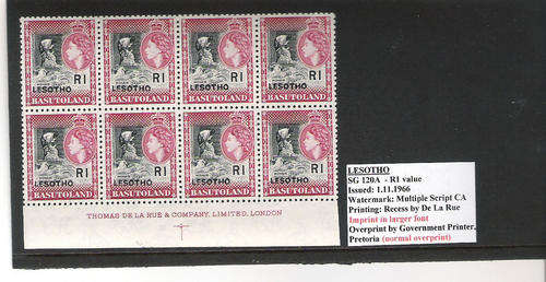 BASUTOLAND/LESOTHO 1966 OVERPRINTS: R1 IMPRINT BLOCK OF 8 WMK. MULTIPLE SCRIPT CA