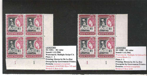 BASUTOLAND/LESOTHO 1966 OVERPRINTS: R1 - PLATE BLOCKS INCLUDING VARIETIES AS PER DESCRIPTION