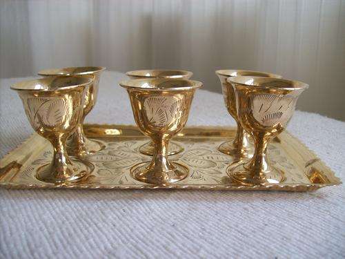 BRASS MINIATURE GOBLETS ON TRAY