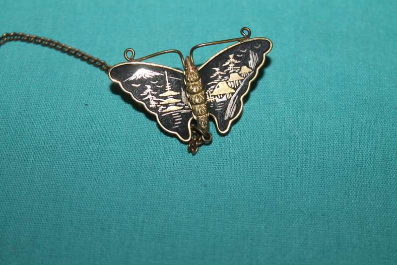 Vintage Japanese 24K Shakudo Damascene Butterfly Scatter Pin 1940`s