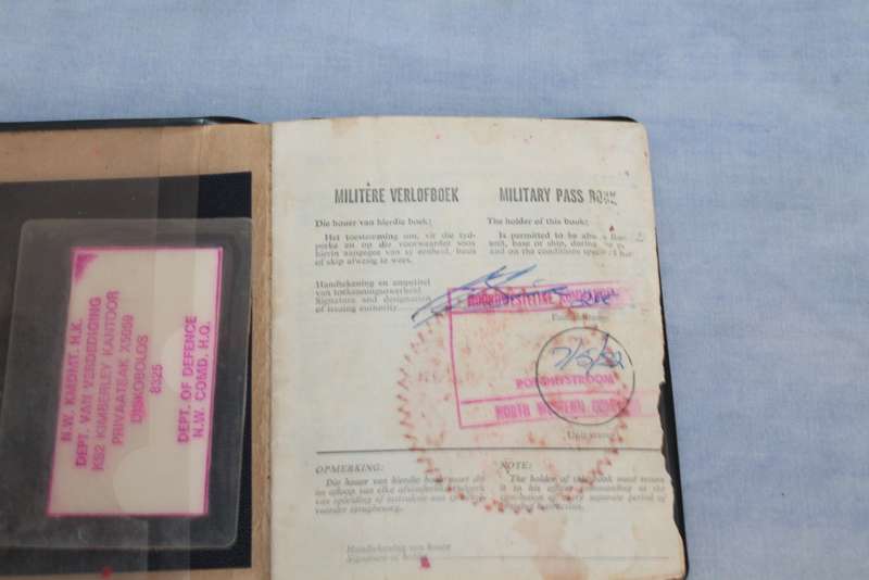 SADF Passbook, Bible, sewing kit, bank book, SADF Driver`s License and kits Receipts.