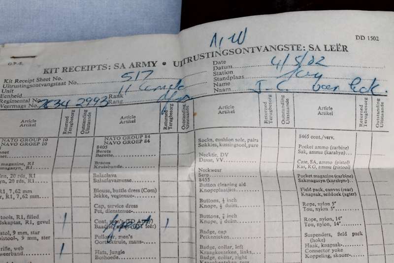 SADF Passbook, Bible, sewing kit, bank book, SADF Driver`s License and kits Receipts.