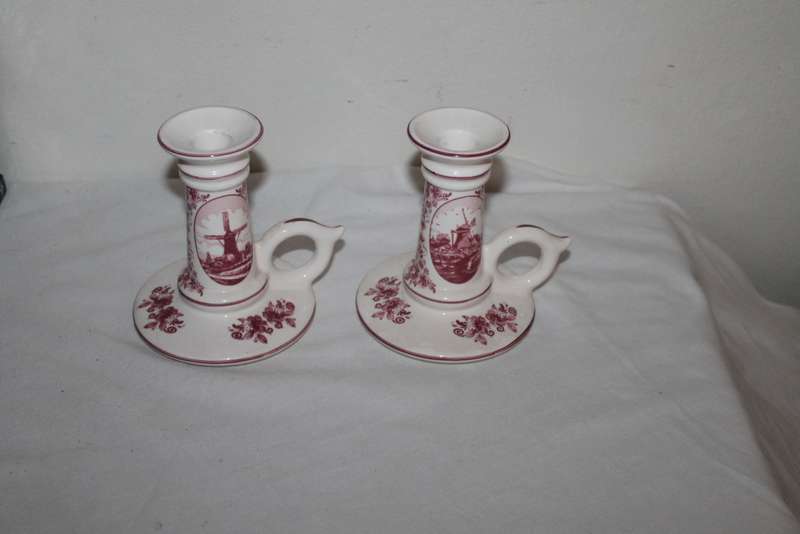 2 Pink Delft Candle holders